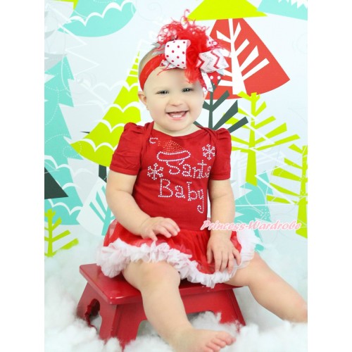 Xmas Red Baby Bodysuit Red White Pettiskirt & Sparkle Rhinestone Santa Baby Print JS4171
